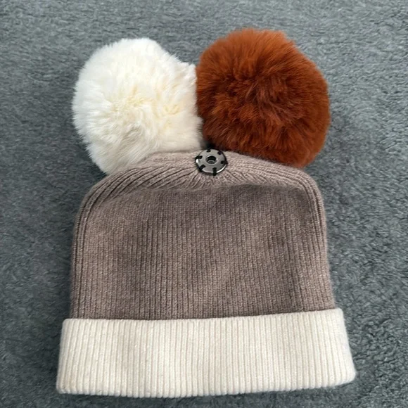 Brown and Cream Pom-Pom Knit Hat - Picture 3 of 3